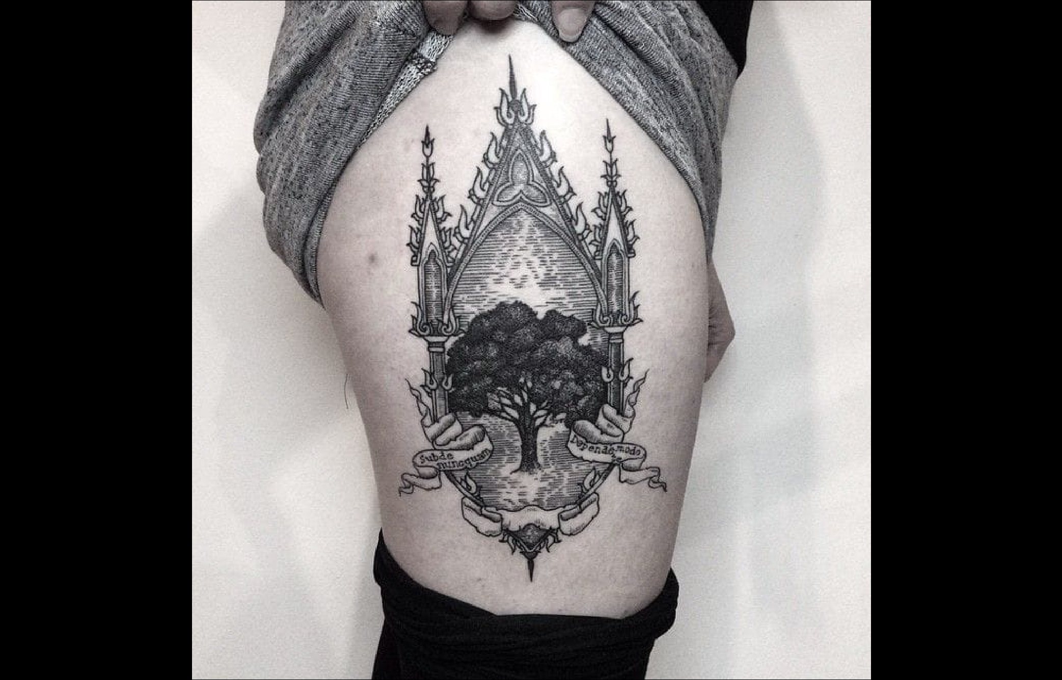 Un chêne tatoué sur la jambe par Silwou