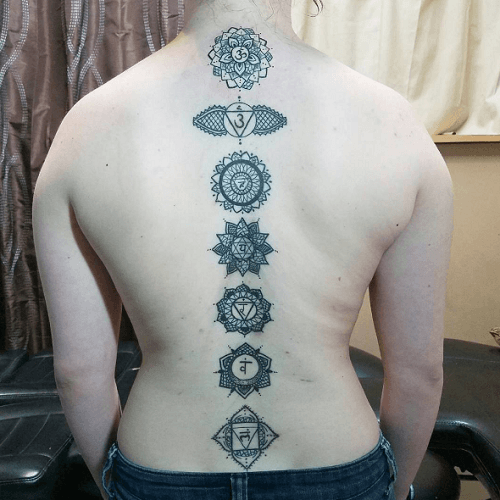 Tatouage colonne vertébrale sept chakras hindous