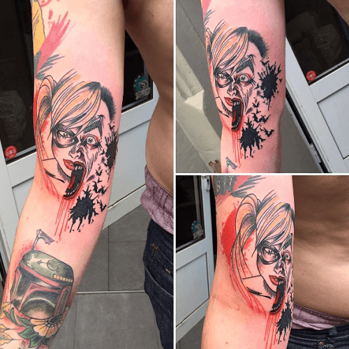 Tatouage Joker Harley Quinn bras aquarelle