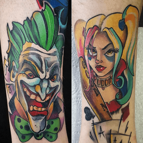 Tatouage Joker Harley Quinn bras couleurs