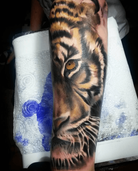 Tatouage bras tigre couleurs